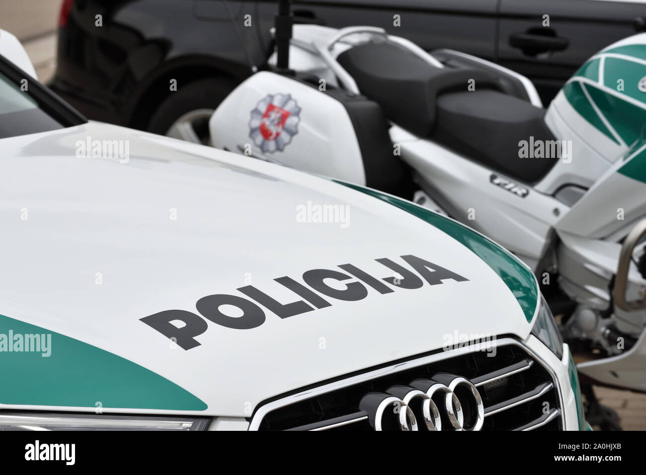 Vilnius, Lituania - 10 Maggio: auto della polizia il 10 maggio 2019 a Vilnius, in Lituania. Vilnius è la capitale della Lituania e la sua più grande città. Foto Stock