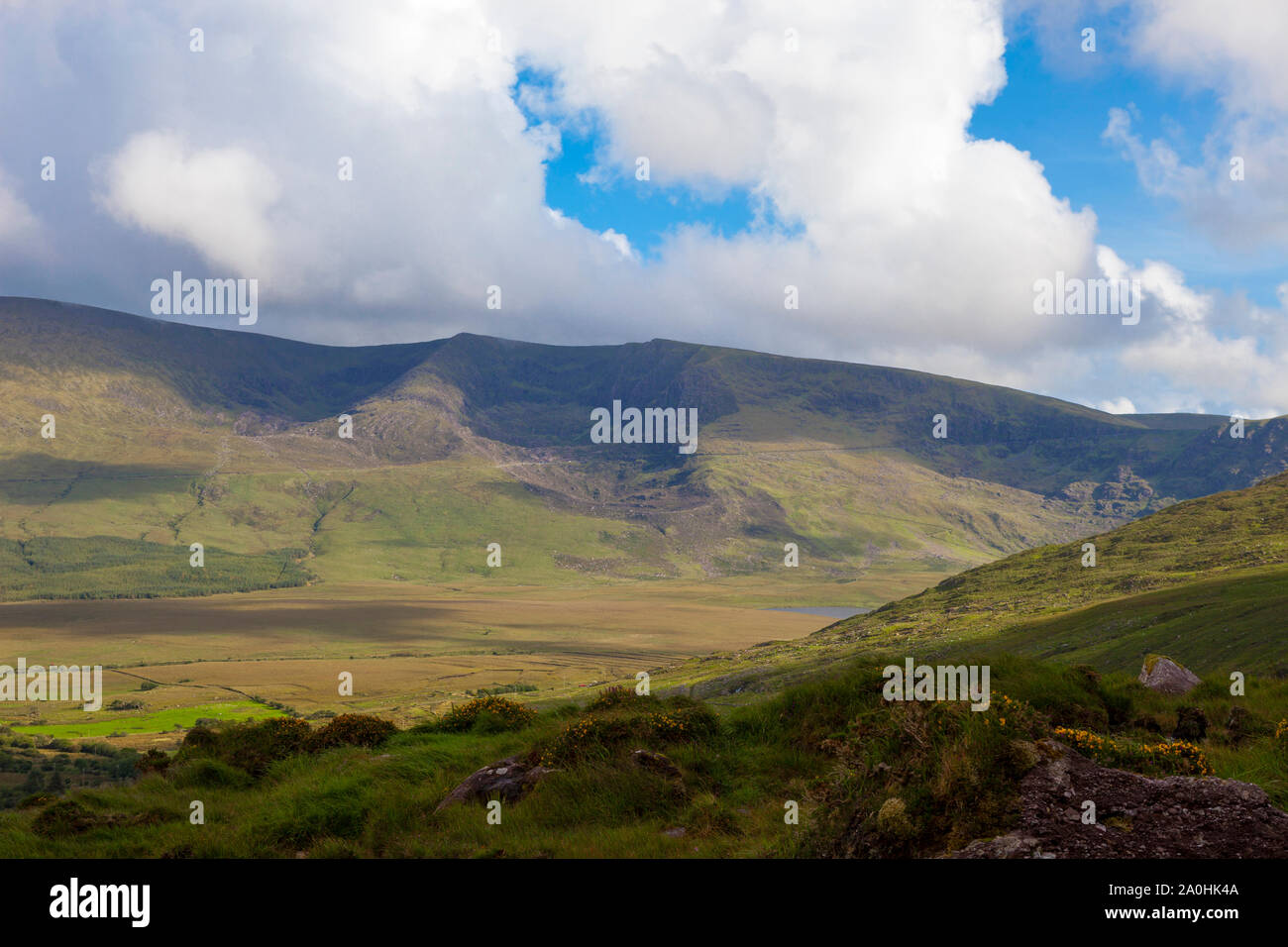 Vista dell'Connor Pass durante le escursioni di Abha Mhor valley, Cloghane, Kerry, Irlanda Foto Stock