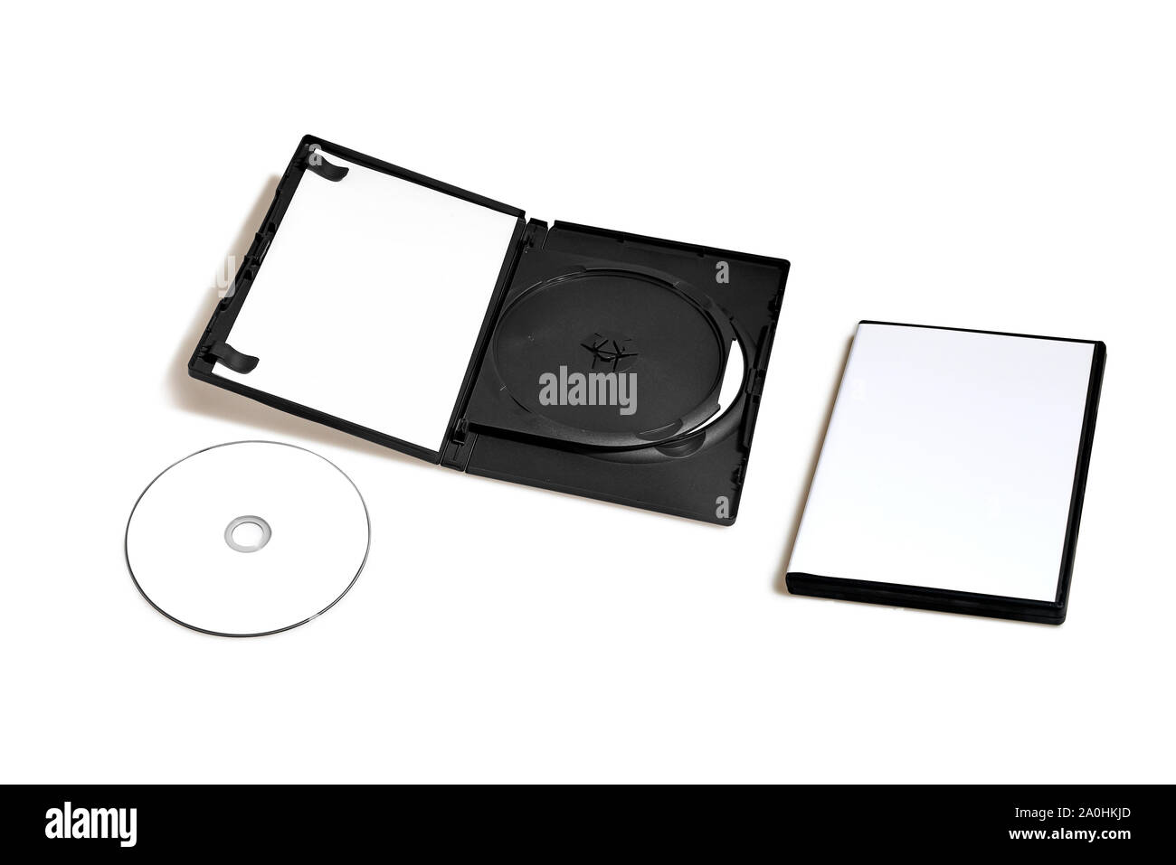 Dvd di plastica Imballaggi con il suo coperchio isolato su bianco con tracciato di ritaglio Foto Stock