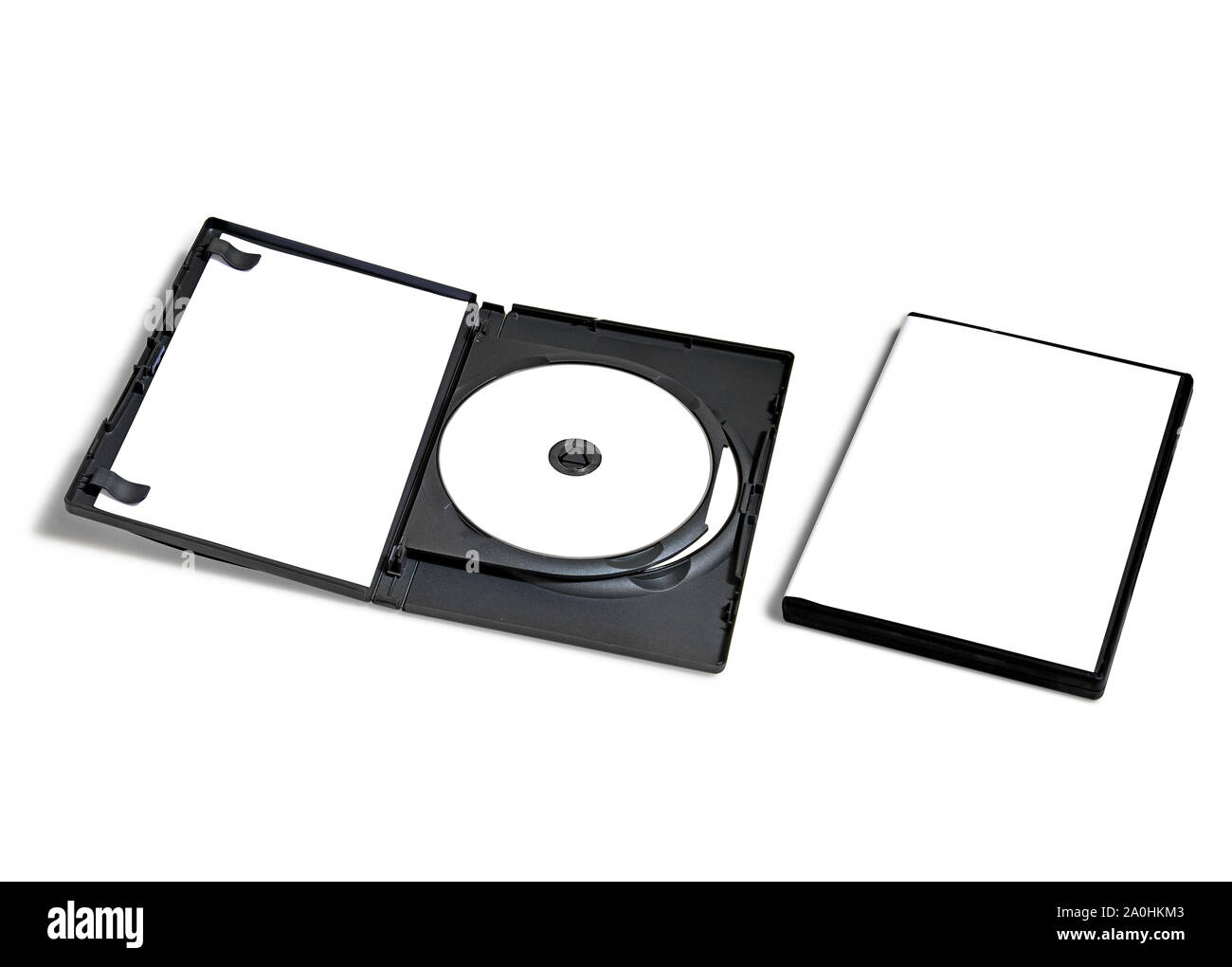 Dvd di plastica Imballaggi con il suo coperchio isolato su bianco con tracciato di ritaglio Foto Stock