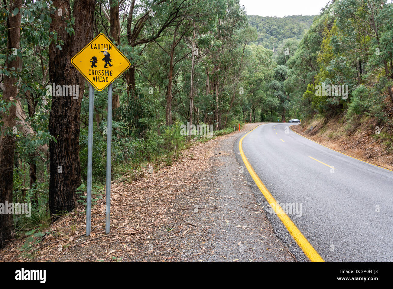 Su strada motore in Mt Buller quartiere vittoriano paese alto in Australia con 'attenzione. Attraversamento di Gnome avanti' cartello stradale. Foto Stock