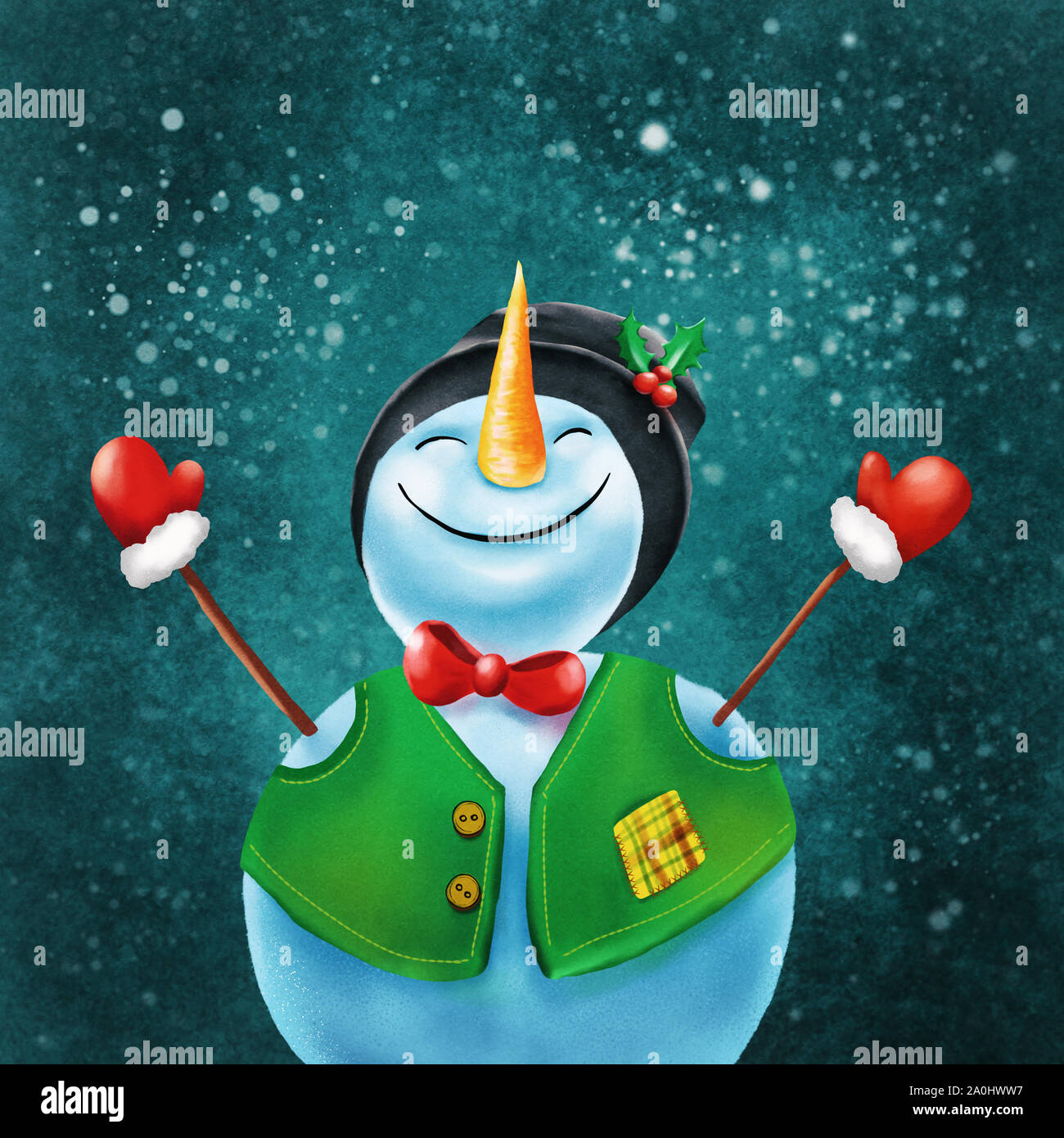 Buon natale e felice anno nuovo biglietto d'auguri con copy-space. Felice snowman in piedi nel paesaggio invernale di natale. Foto Stock