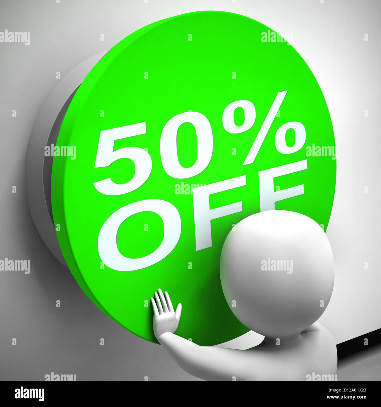 Il cinquanta per cento di sconto che mostra la riduzione 50% in meno del prezzo. Offerte speciali tariffe metà prezzo prodotto - 3d illustrazione Foto Stock