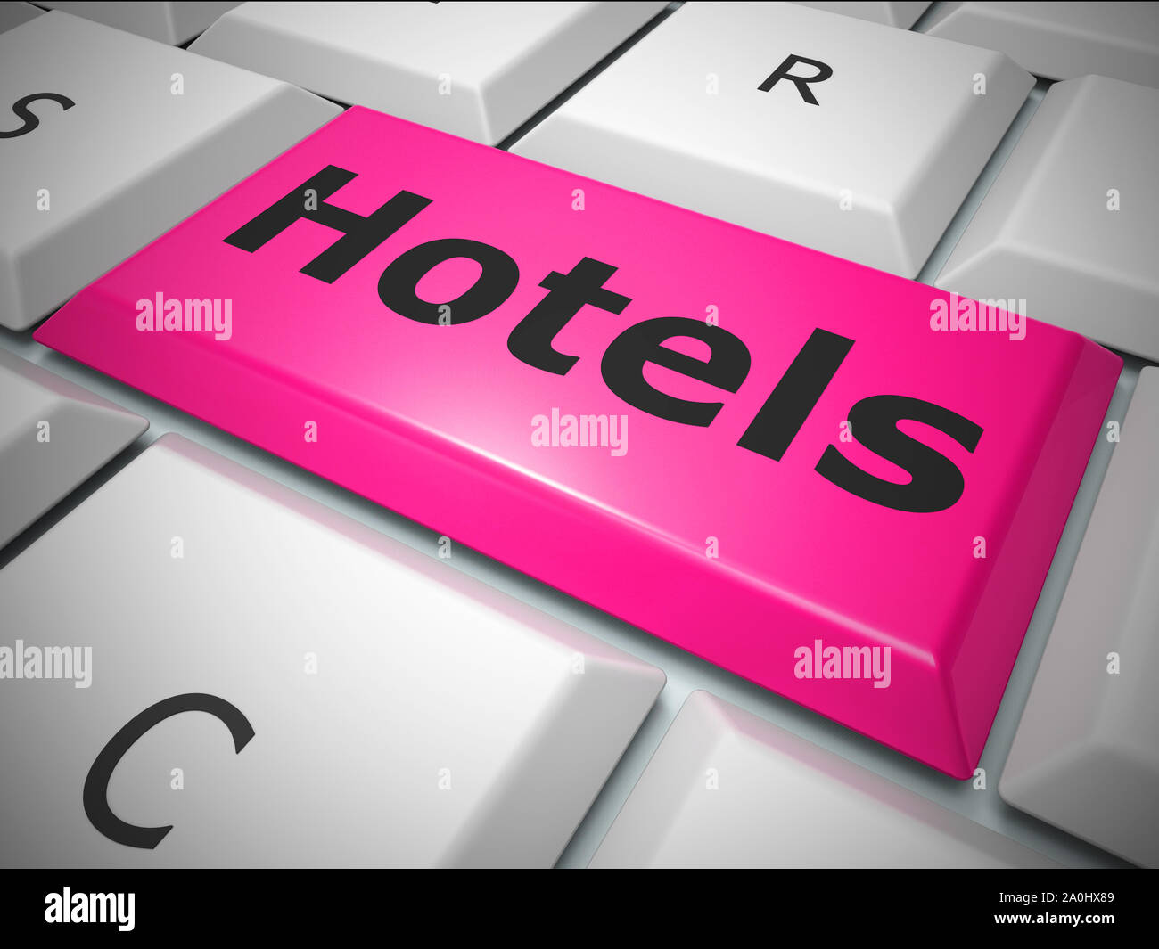 Hotel prenotazione online icona del concetto di rete di riservare una stanza attraverso internet. Trovare alloggio attraverso il web - 3d illustrazione Foto Stock