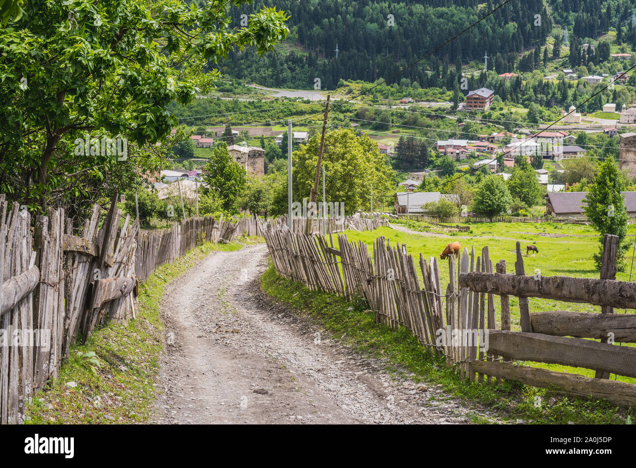 Strada sterrata in salita lungo recinti di legno, nella parte superiore di Mestia. Regione di Svaneti, Georgia. Foto Stock