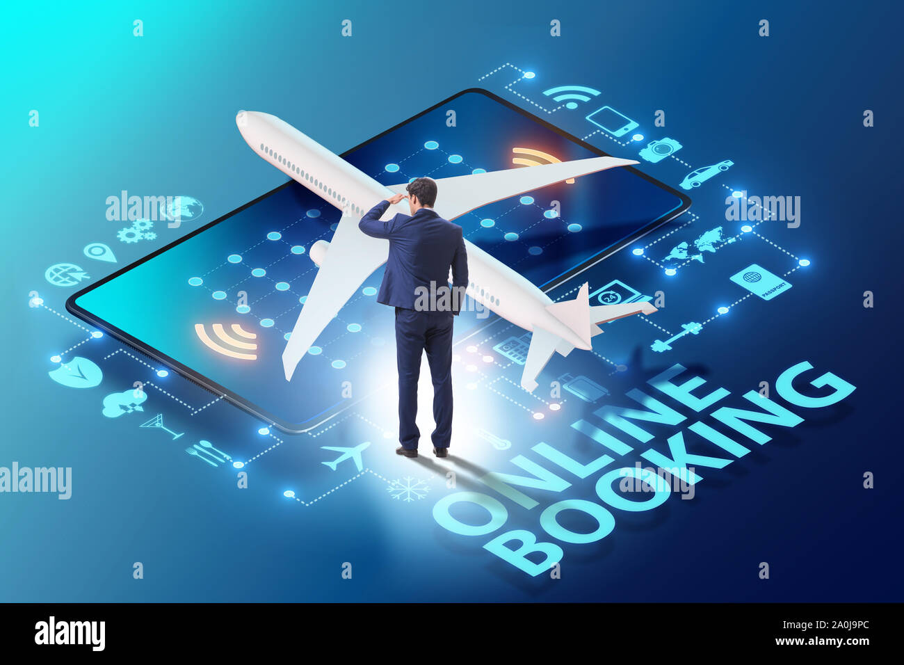 Il concetto di online prenotazione airtravel con uomo d affari Foto Stock