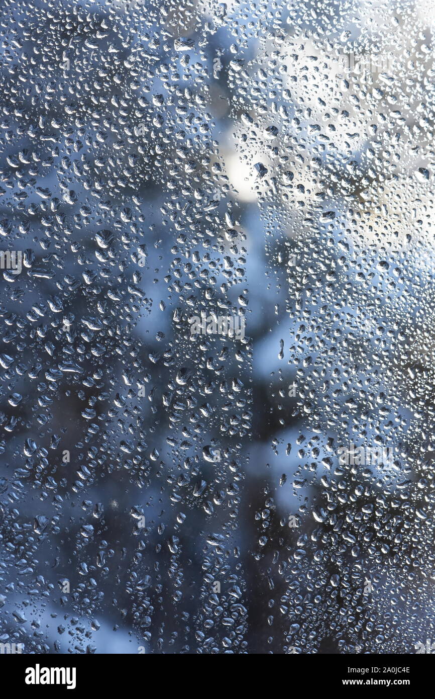 La pioggia su una finestra di gocce di blu Foto Stock
