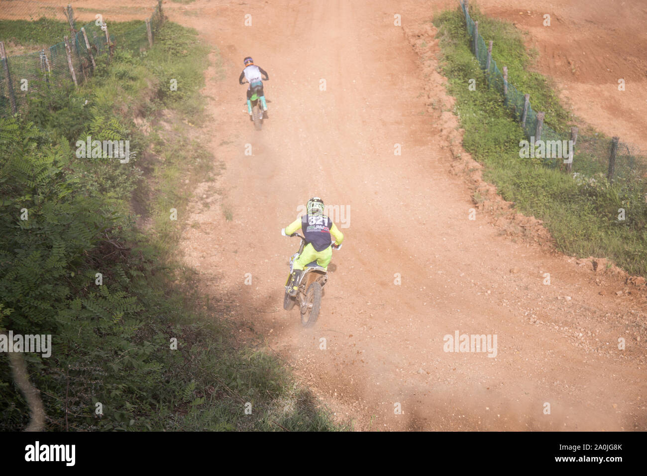 Giavera del Montello, Italia. Il 14 settembre 2019. Motociclisti racing su una pista di motocross. Credito: Lukasz Obermann/Alamy Live News Foto Stock