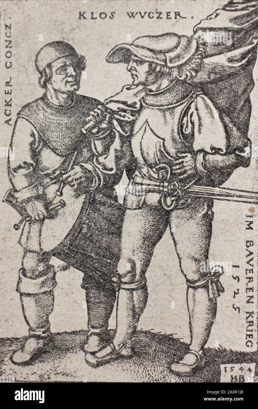 Il batterista e alfiere nella guerra dei contadini del 1525. Incisione medievale del XVI secolo. Foto Stock