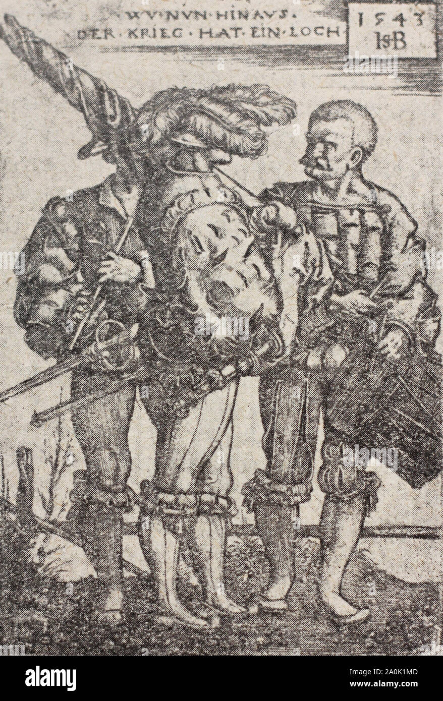 Landsknecht partecipanti alla guerra contadina del 1525. Incisione medievale del XVI secolo. Foto Stock