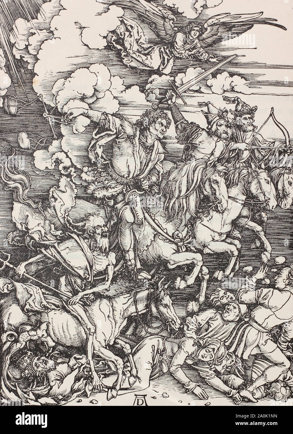 "I quattro cavalieri' incisione da "l'Apocalisse" da Albrecht Dürer. Incisione medievale. Foto Stock