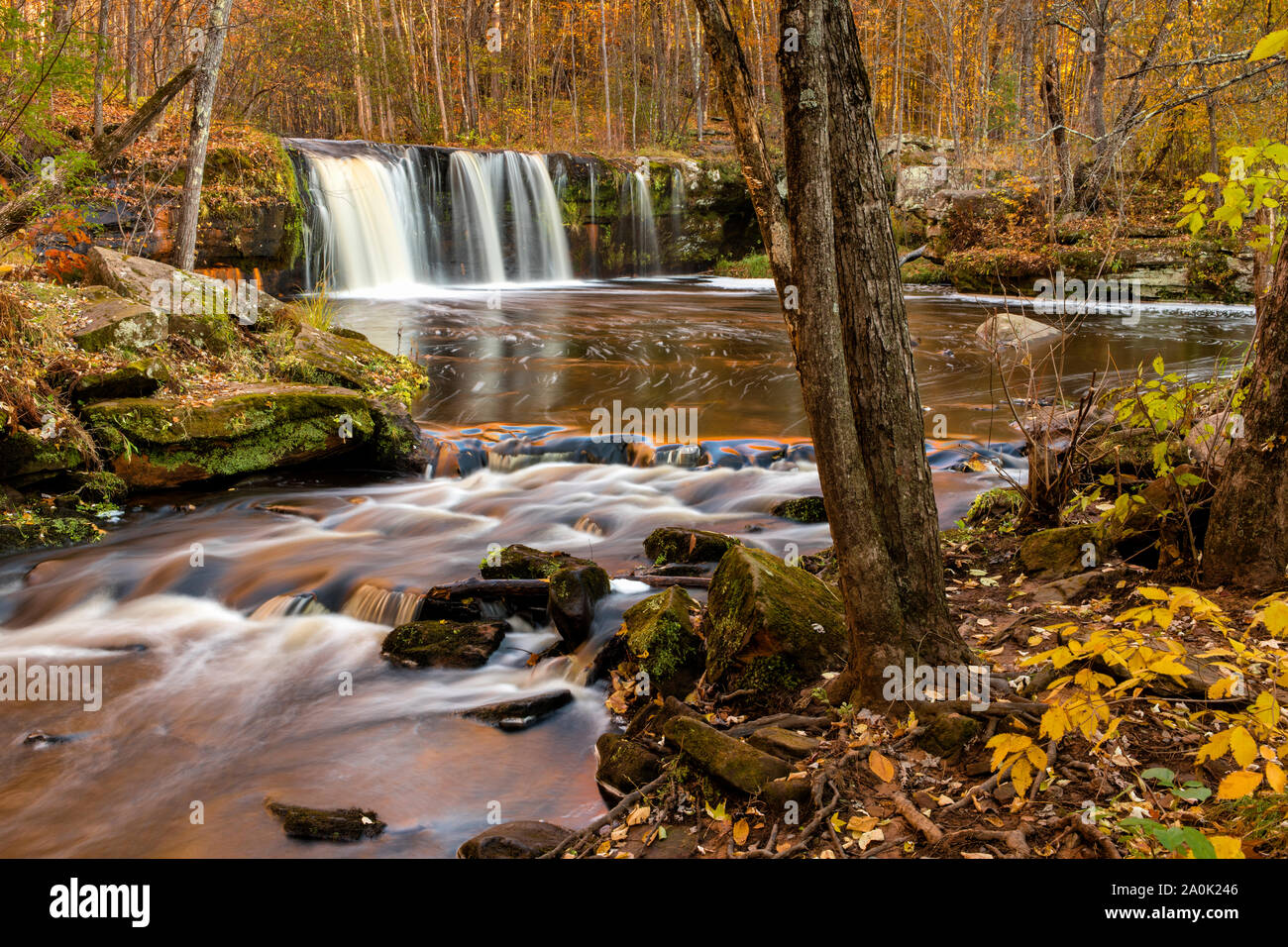 Liscia come seta acqua fluisce oltre le rapide a valle di Wolf Creek Falls in autunno. Foto Stock