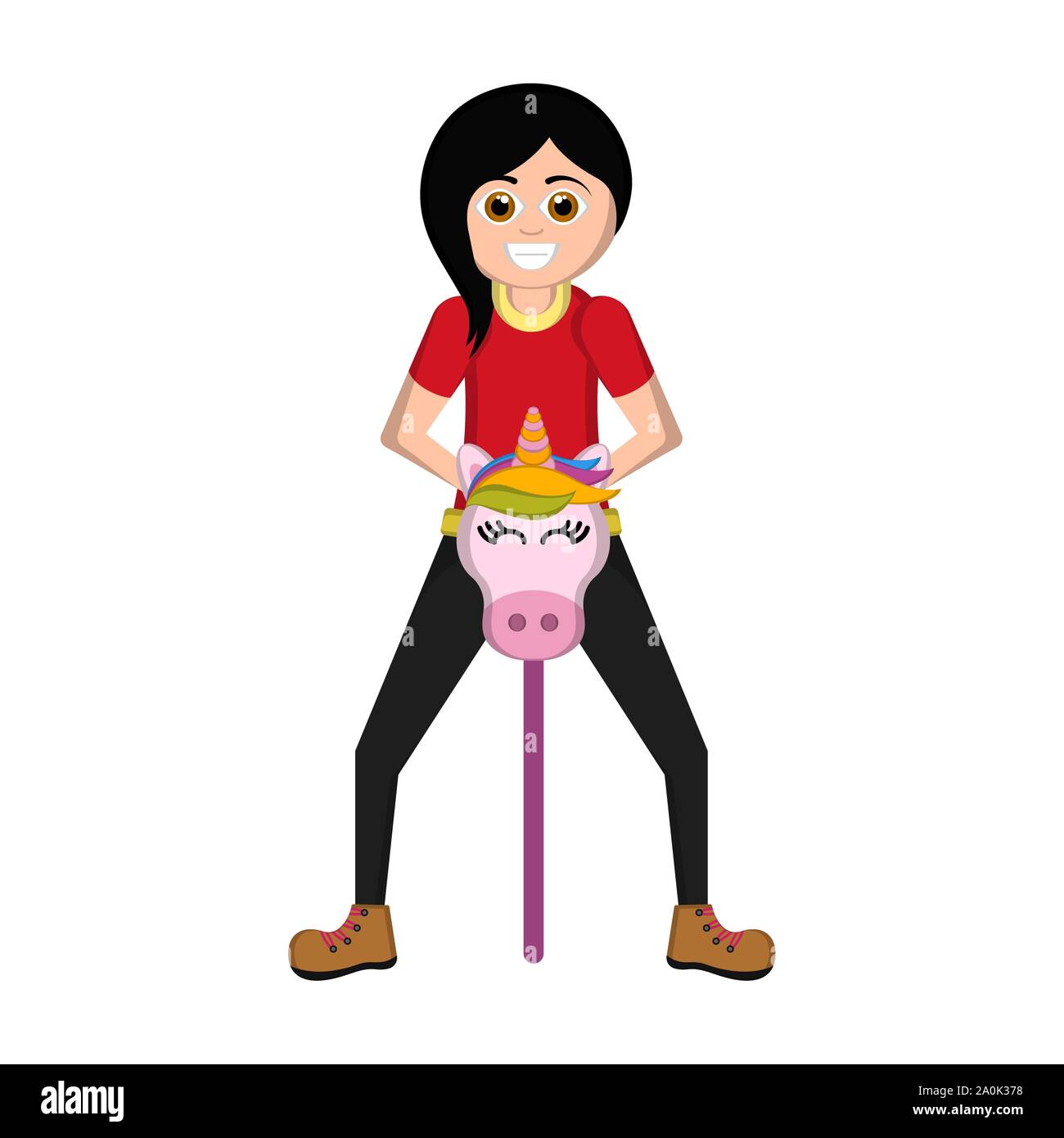 Youn donna con un bastone cavallo. Kidult illustrazione concettuale - Vettore Illustrazione Vettoriale