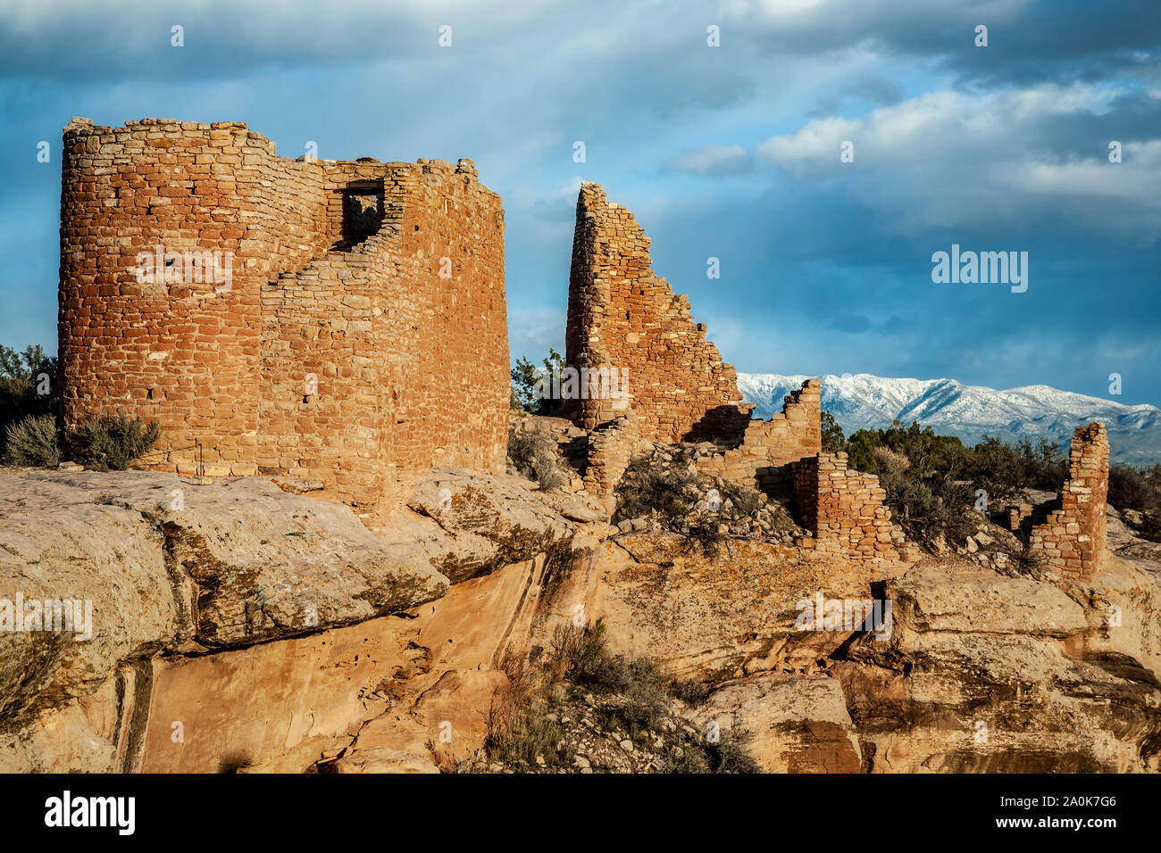 Hovenweep Castle e dormire Ute Mountain sotto la neve, Hovenweep National Monument, USA Utah Foto Stock