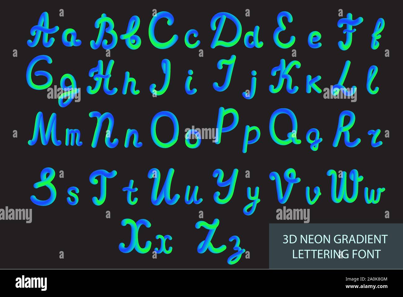 Il Neon 3D ricomposto con forme arrotondate. Tubo Hand-Drawn Lettering. Set di font del dipinto di lettere. Notte Effetto bagliore o liquido. Alla moda di alfabeto lettera latina Illustrazione Vettoriale