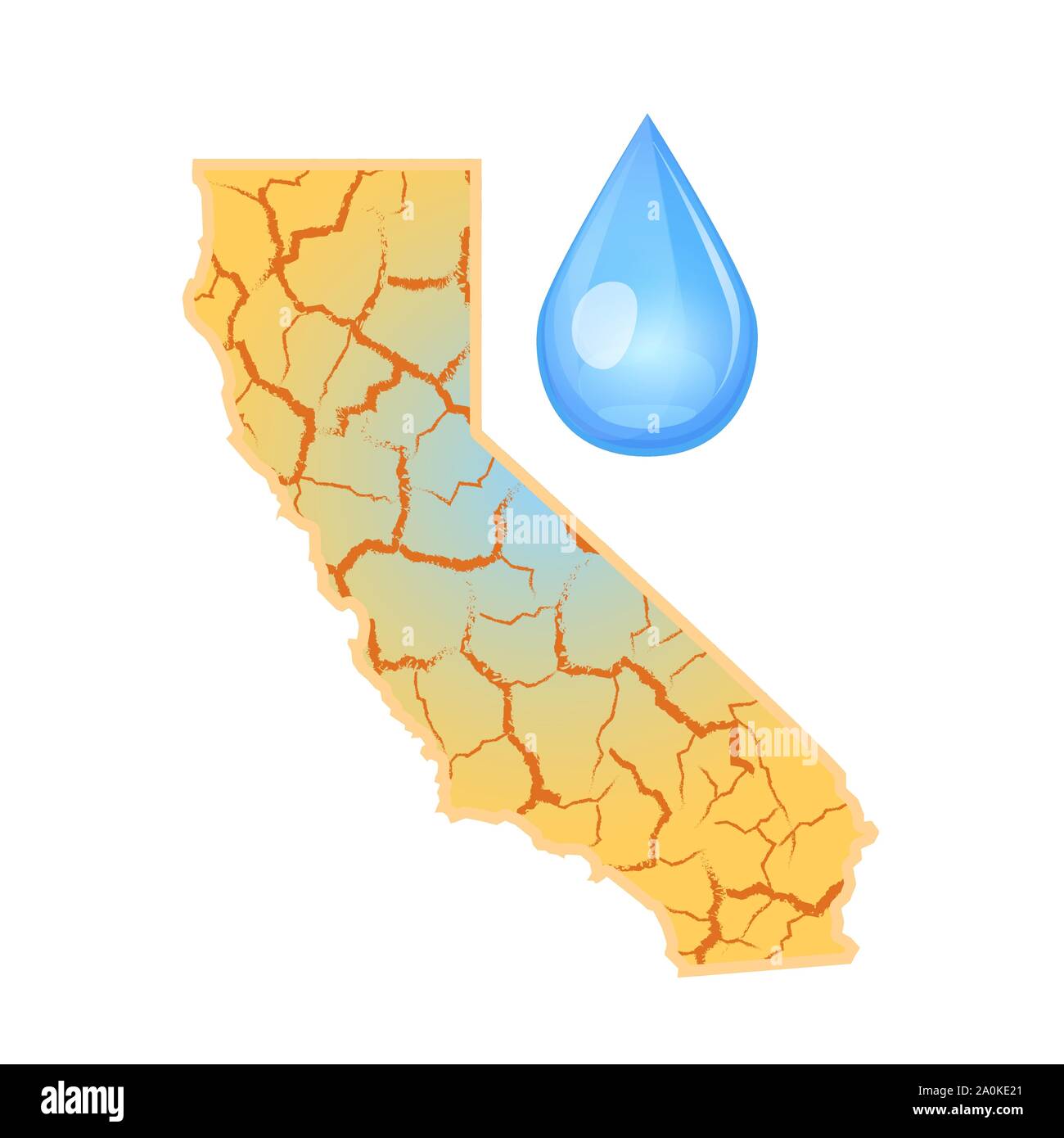 La California ha bisogno di acqua. La carenza di acqua concetto globale. Siccità in California e una goccia d'acqua. Natura disastro. Illustrazione Vettoriale, isolato su sfondo bianco. Illustrazione Vettoriale