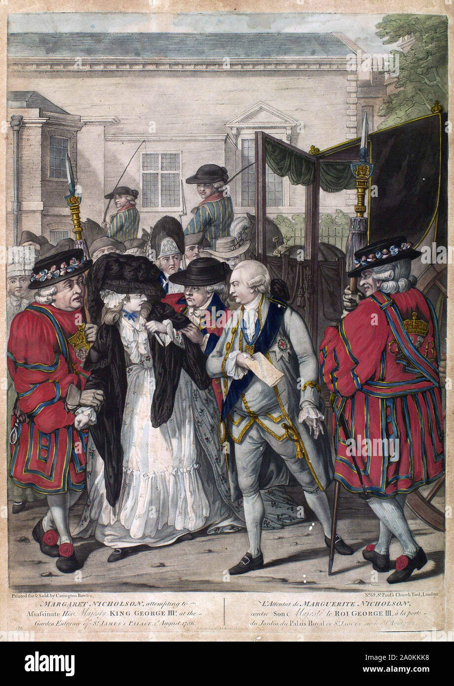 MARGARET NICHOLSON ( c 1750 - 1828) Englishwoman che hanno assalito George III il 2 agosto 1786 mostrato in una stampa contemporanea Foto Stock
