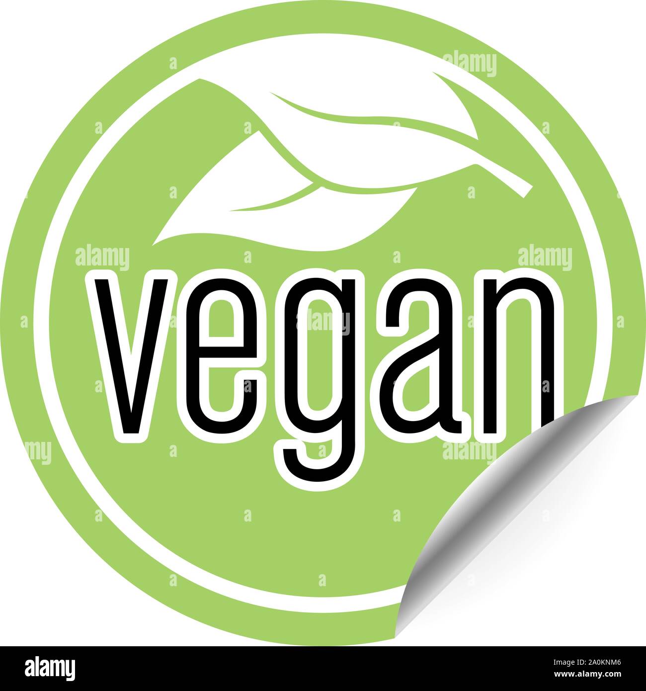 Verde rotondo adesivo vegano o badge un lato avvolto a ricciolo, cibo vegan etichetta illustrazione vettoriale Illustrazione Vettoriale