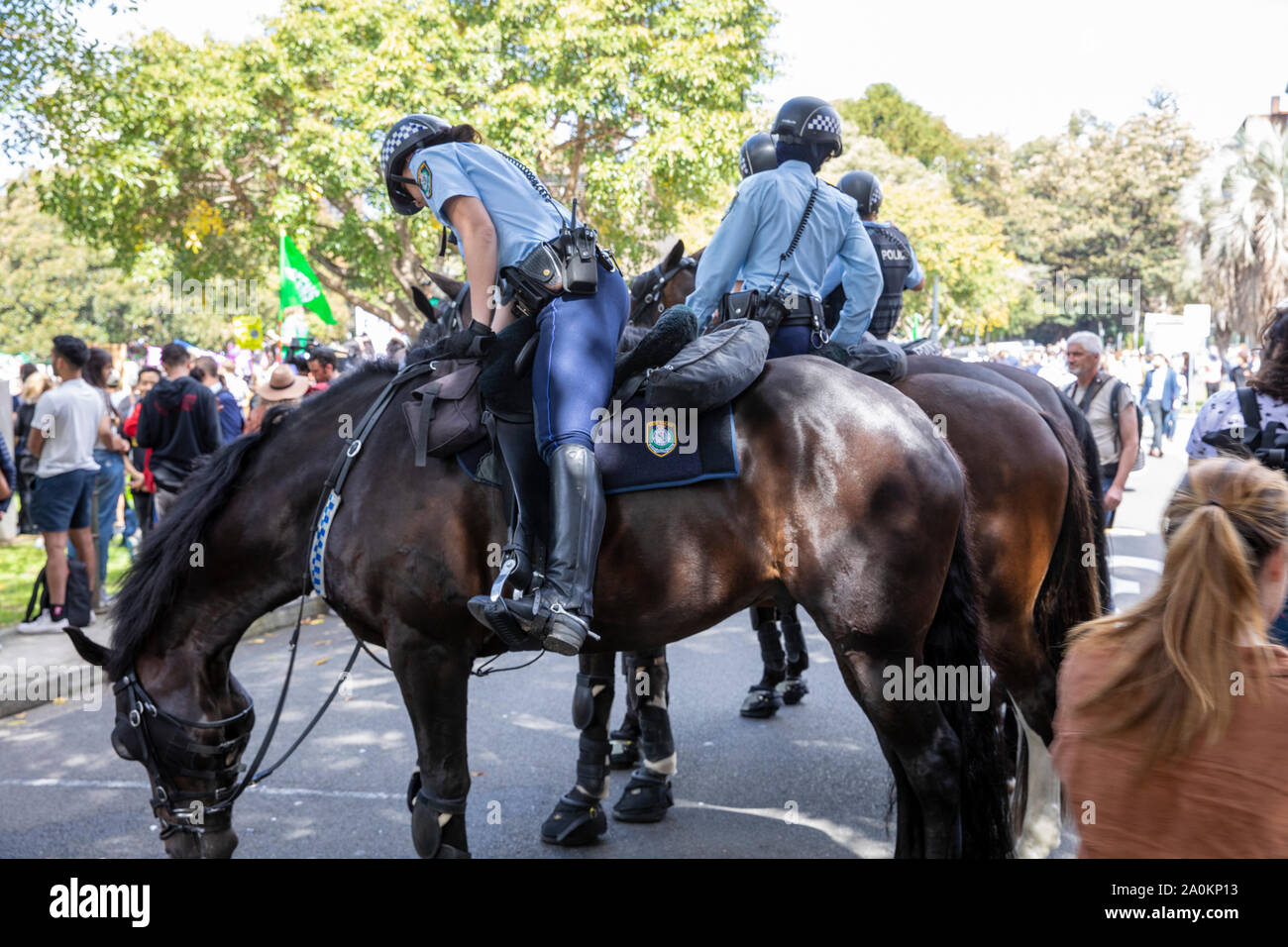 Sydney, ufficiali di polizia donne su cavalli offrono controllo della folla a Sydney i cambiamenti climatici colpiscono rally nel centro di Sydney, Australia Foto Stock