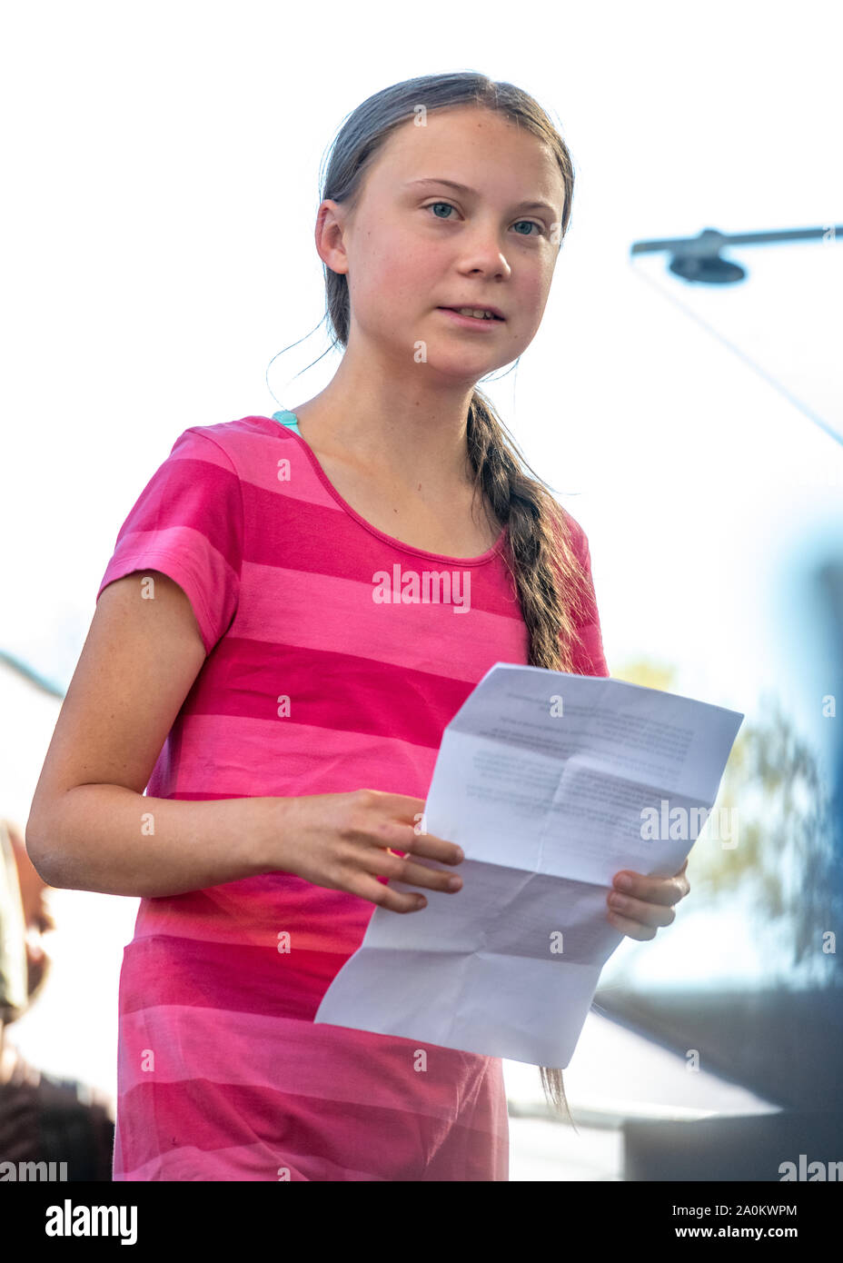 New York, Stati Uniti d'America, 20 settembre 2019. Attivista svedese Greta Thunberg risolve un clima sciopero rally in New York City. Credito: Enrique Shore/Alamy Live News Foto Stock