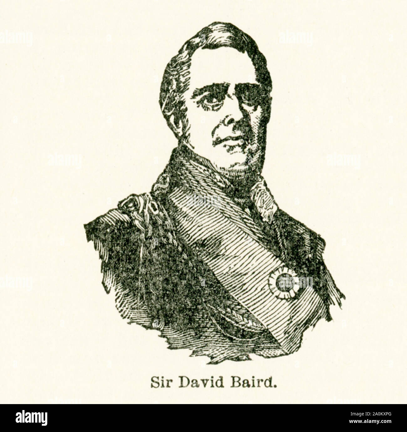 Questa illustrazione risale ai primi anni venti e mostra Sir David Baird (1757-1829). Sir Baird era un militare inglese leader. Baird entra nell'esercito nel 1772. Egli fu inviato in India dove egli vide il servizio attivo e fu tenuto prigioniero in Mysore per quattro anni. Avendo brevemente restituito alla Gran Bretagna, nel 1790 Baird ha ritornato in India dove ha catturato Pondicherry nel 1792 ed è stato promosso al grado di colonnello. Baird ha ricevuto la sua promozione a generale nel 1814, e successivamente ha servito come comandante in capo in Irlanda. Foto Stock