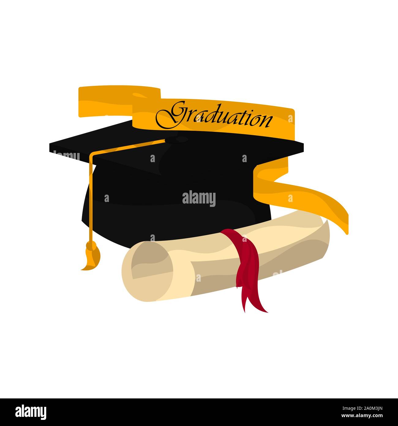 Tappo di graduazione con un diploma e il nastro. Concetto di graduazione - Vettore Illustrazione Vettoriale