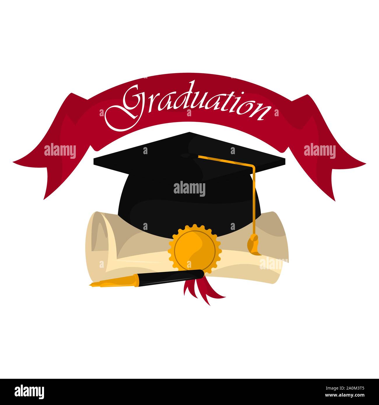 Tappo di graduazione con diploma amd a nastro. Concetto di graduazione - Vettore Illustrazione Vettoriale