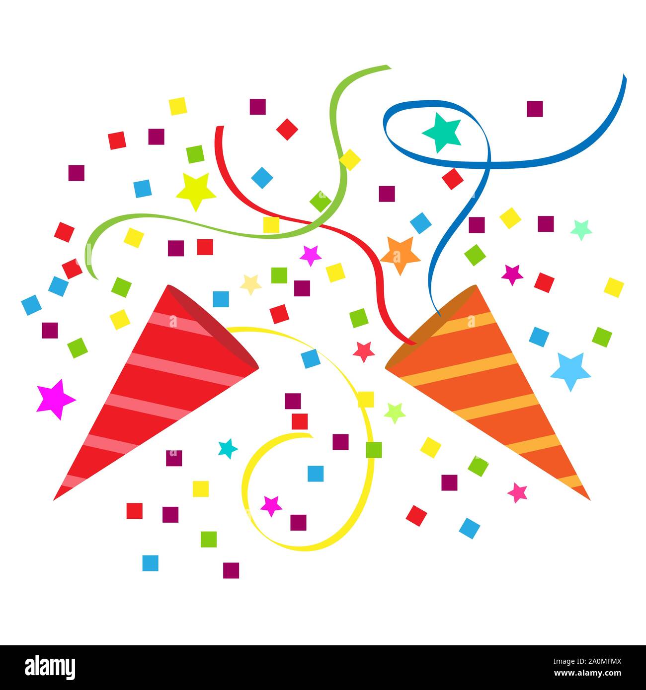 Sfondo colorato colorato con stelle filanti e coriandoli colorati. Design piatto Illustrazione Vettoriale