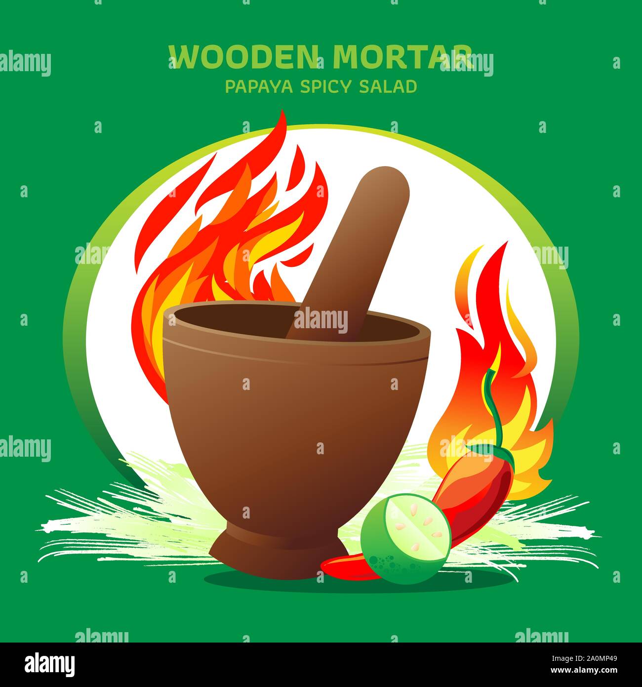 Mortaio di legno con il fuoco e l'ingrediente, peperoncino, limone e fette di papaia su sfondo verde. Concetto di progettazione grafica per il vettore di papaia insalata piccante. Il Illustrazione Vettoriale