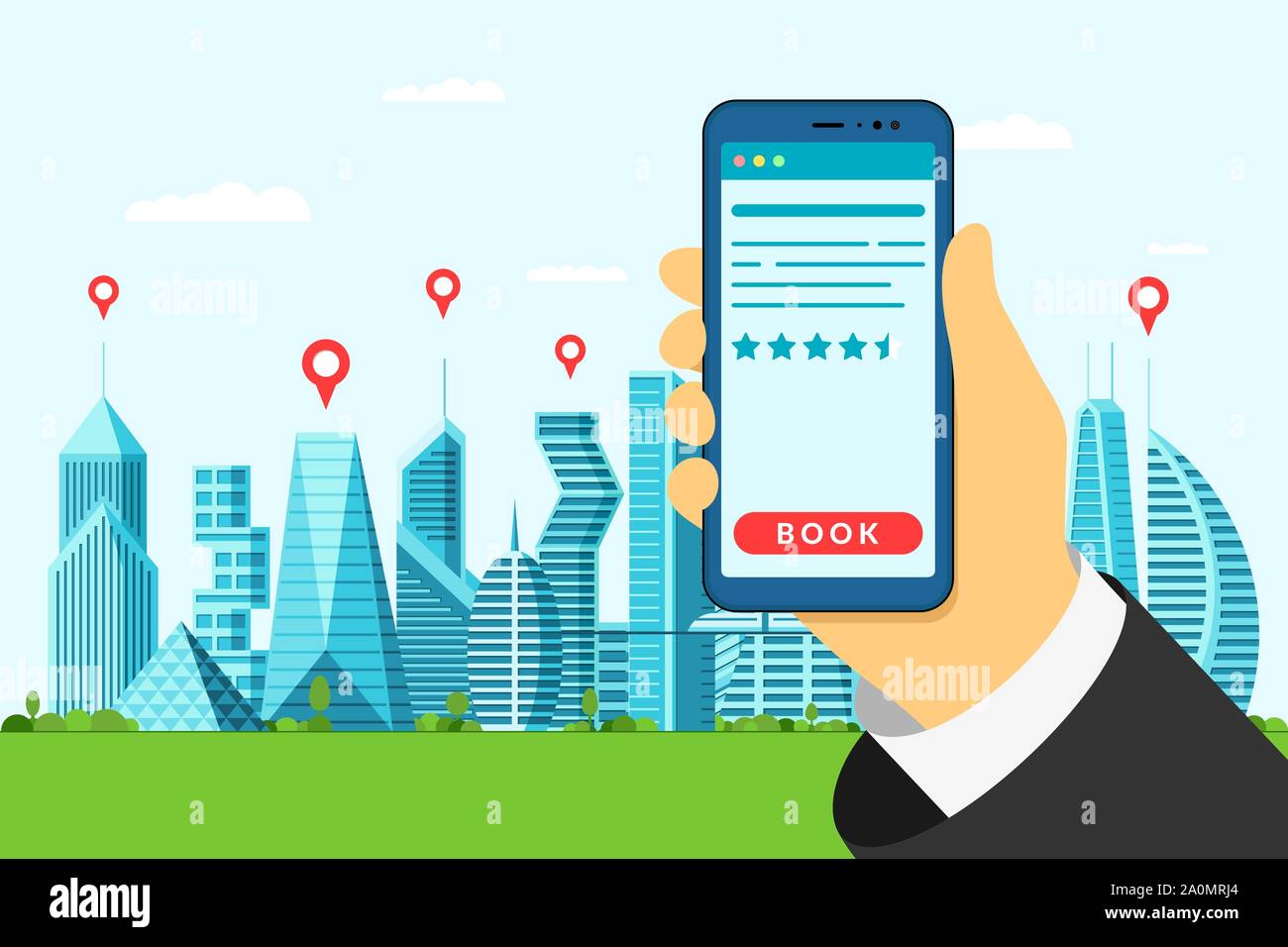 Ricerca hotel e prenota in Big Future City Concept. Smartphone e appartamento di prenotazione online con stelle di valutazione. App mobile Travel per la ricerca del punto gps e dell'interfaccia dell'applicazione di prenotazione Illustrazione Vettoriale