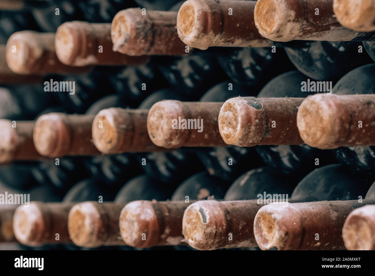 Le bottiglie di vino impilati nella vecchia cantina close-up sullo sfondo Foto Stock