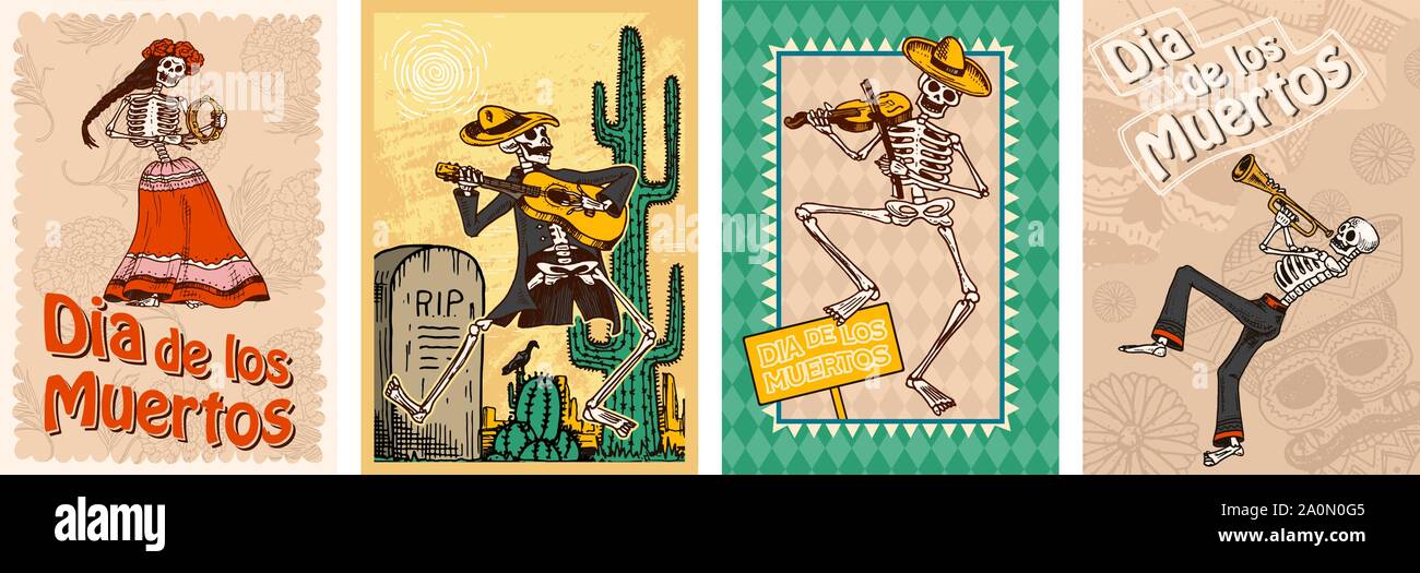 Il giorno dei morti poster su uno sfondo colorato. Scheletri danza e suonare strumenti musicali. In spagnolo il Dia de los Muertos. Festa religiosa con Illustrazione Vettoriale