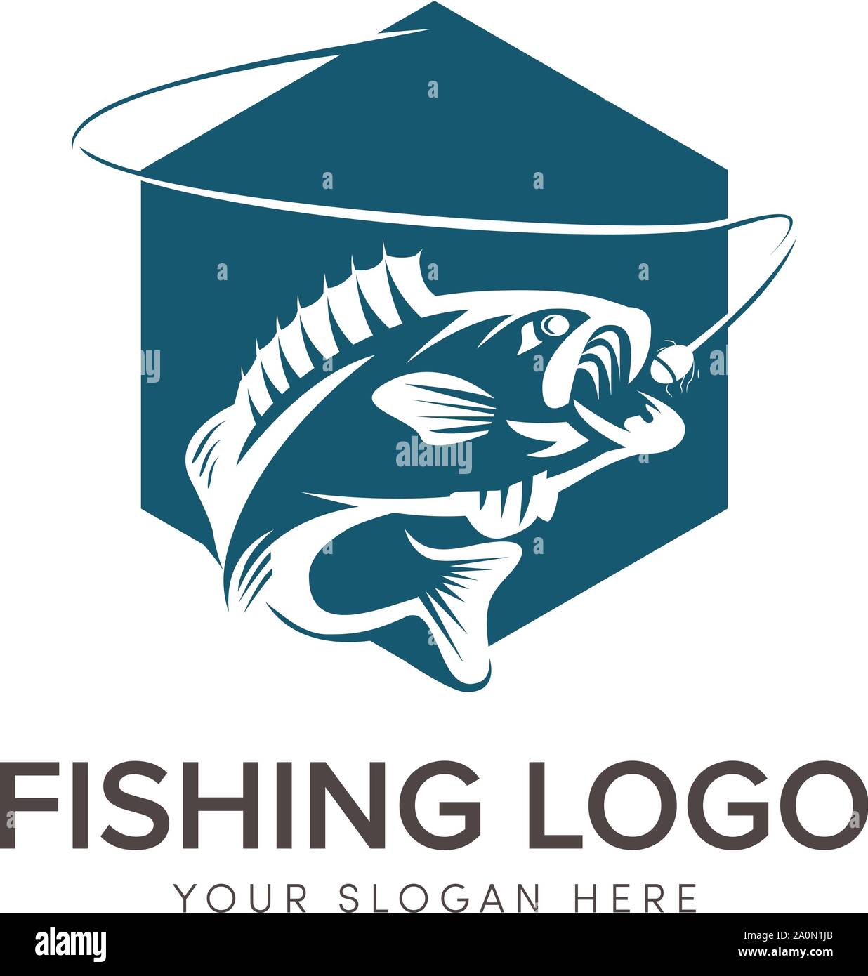 logo big bass fishing con salto in acqua di mare Illustrazione Vettoriale