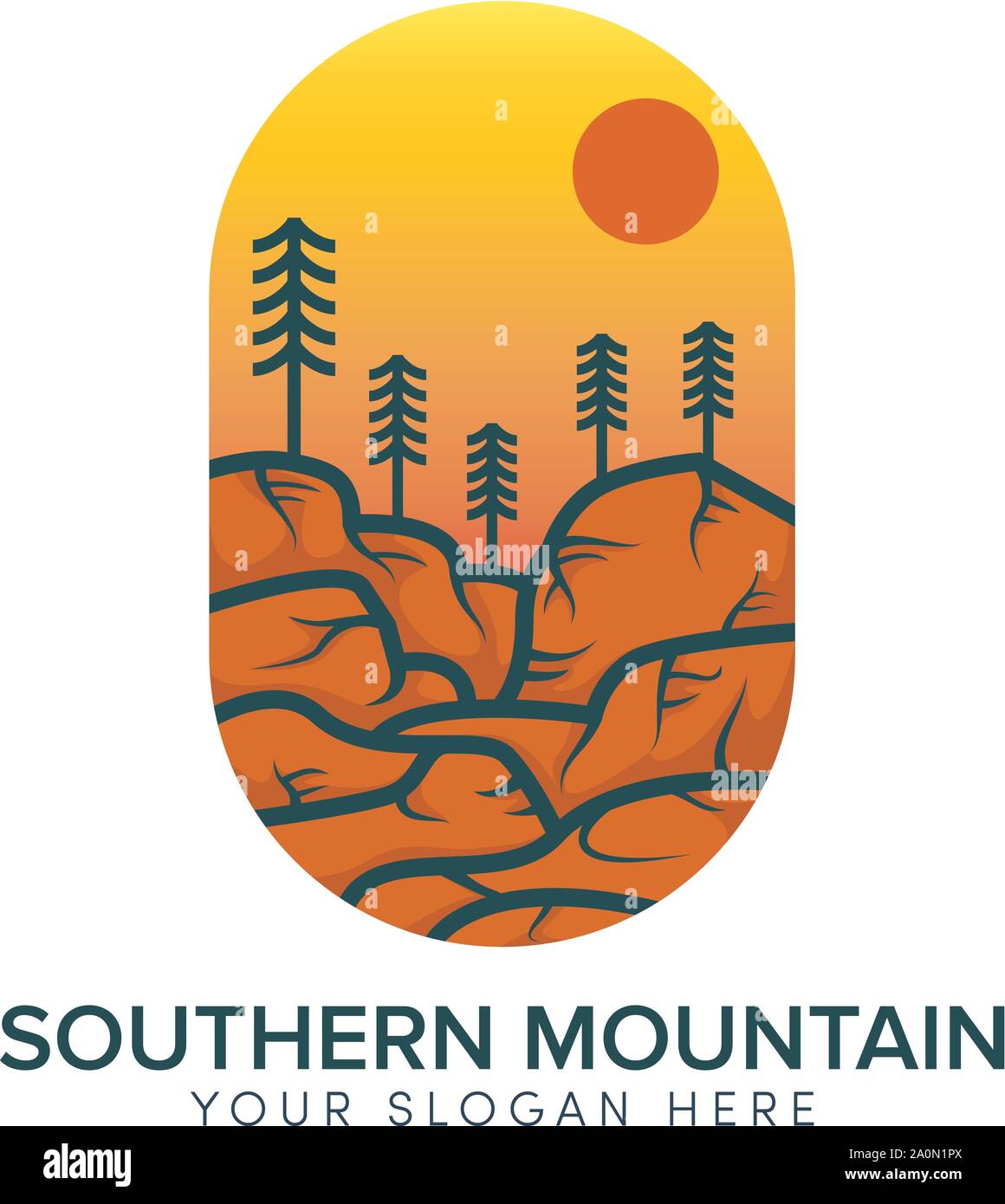 southern mountain astratto logo design con sole Illustrazione Vettoriale