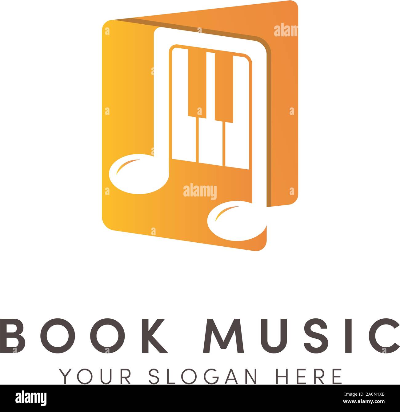 Apri i disegni con il logo di un libro di musica con il pianoforte arancione Illustrazione Vettoriale