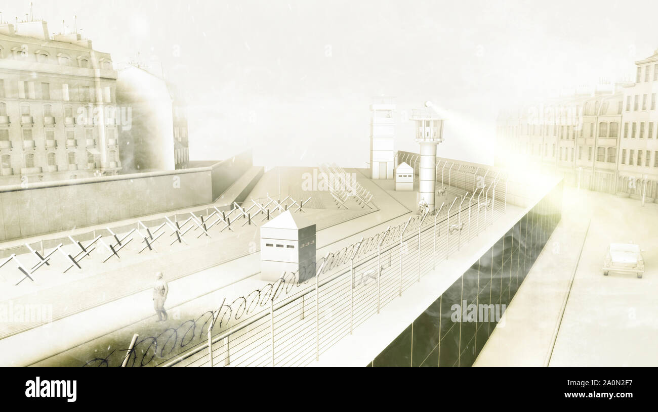 Il muro di Berlino era custodito una barriera di cemento che fisicamente divisa Berlino dal 1961 al 1989. Torri di guardia e zona militarizzata Foto Stock