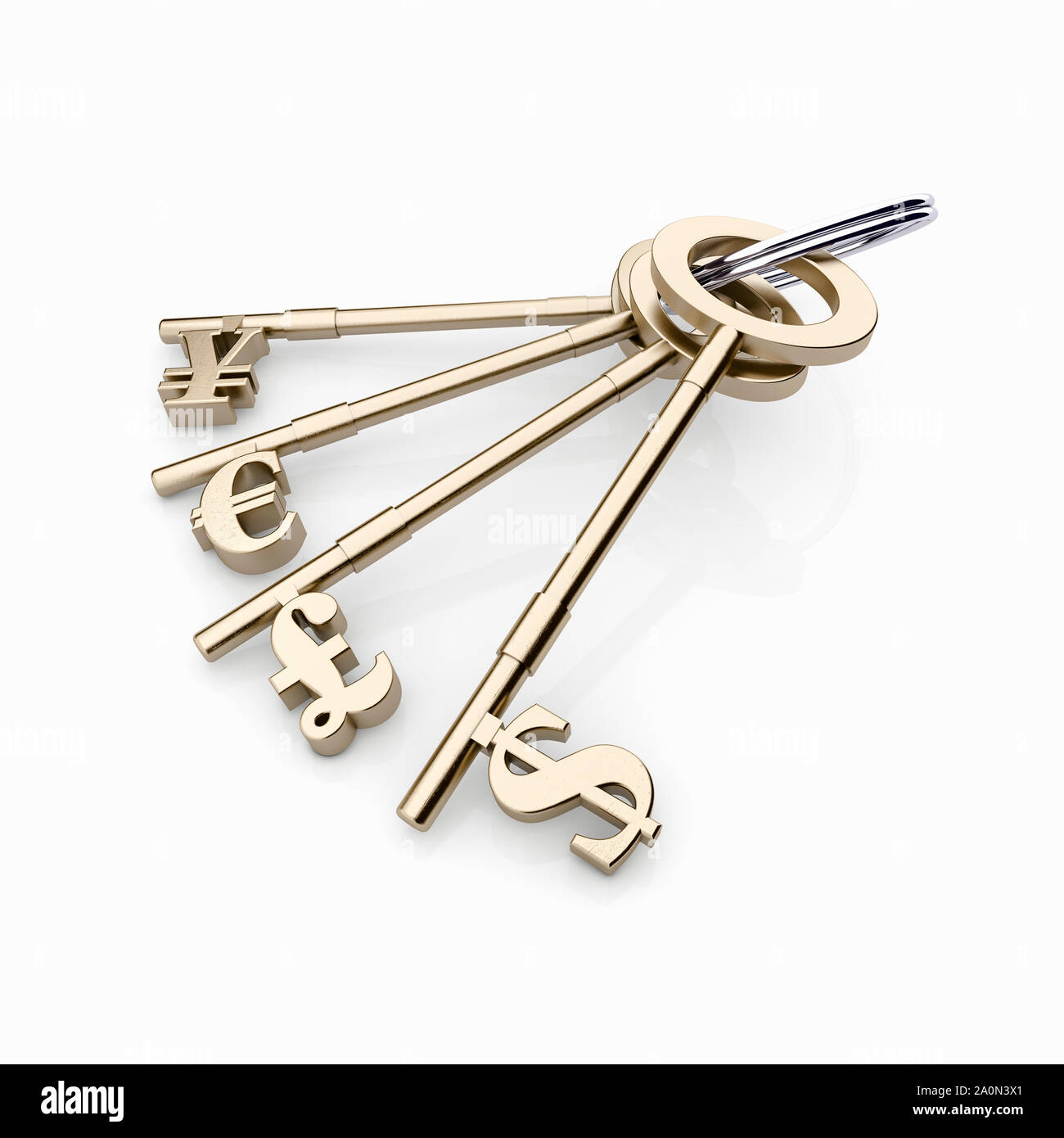Set di chiavi con simboli di valuta: Yen, Euro, Sterlina, Dollaro - Forex trading concept Foto Stock