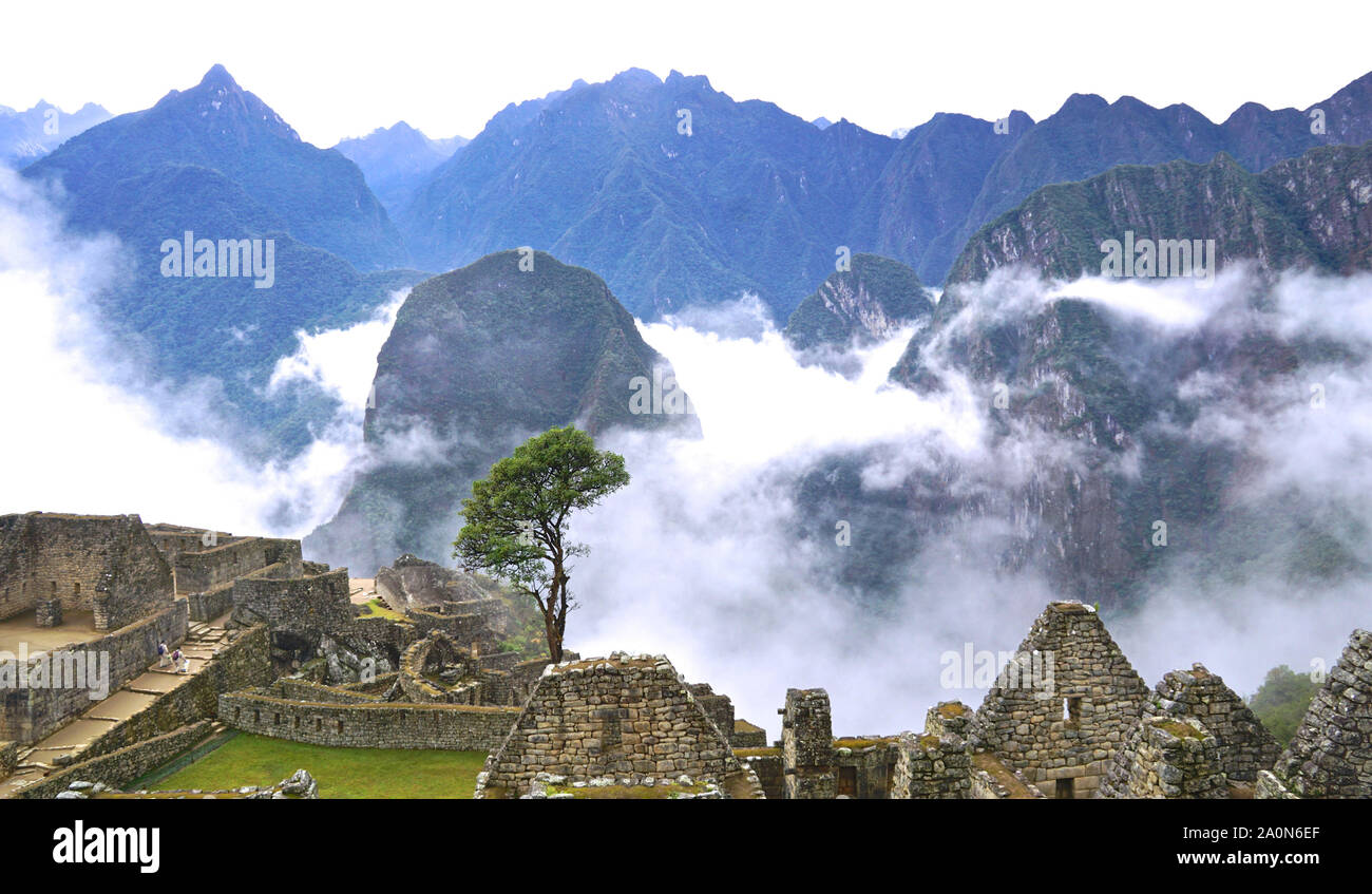 Machu Picchu è una cittadella Inca è impostata su un livello elevato nella catena delle Ande in Perù, sopra il fiume Urubamba valley. Costruito nel XV secolo e successivamente abbandonato, è rinomato per la sua sofisticata muretti a secco che il fusibile enormi blocchi senza l'uso di mortaio, intriganti edifici che giocare su allineamenti astronomici e viste panoramiche. Il suo esatto ex uso rimane un mistero. Esso si erge 7,970 piedi (2.430 metri sopra il livello del mare sul versante orientale delle Ande Foto Stock