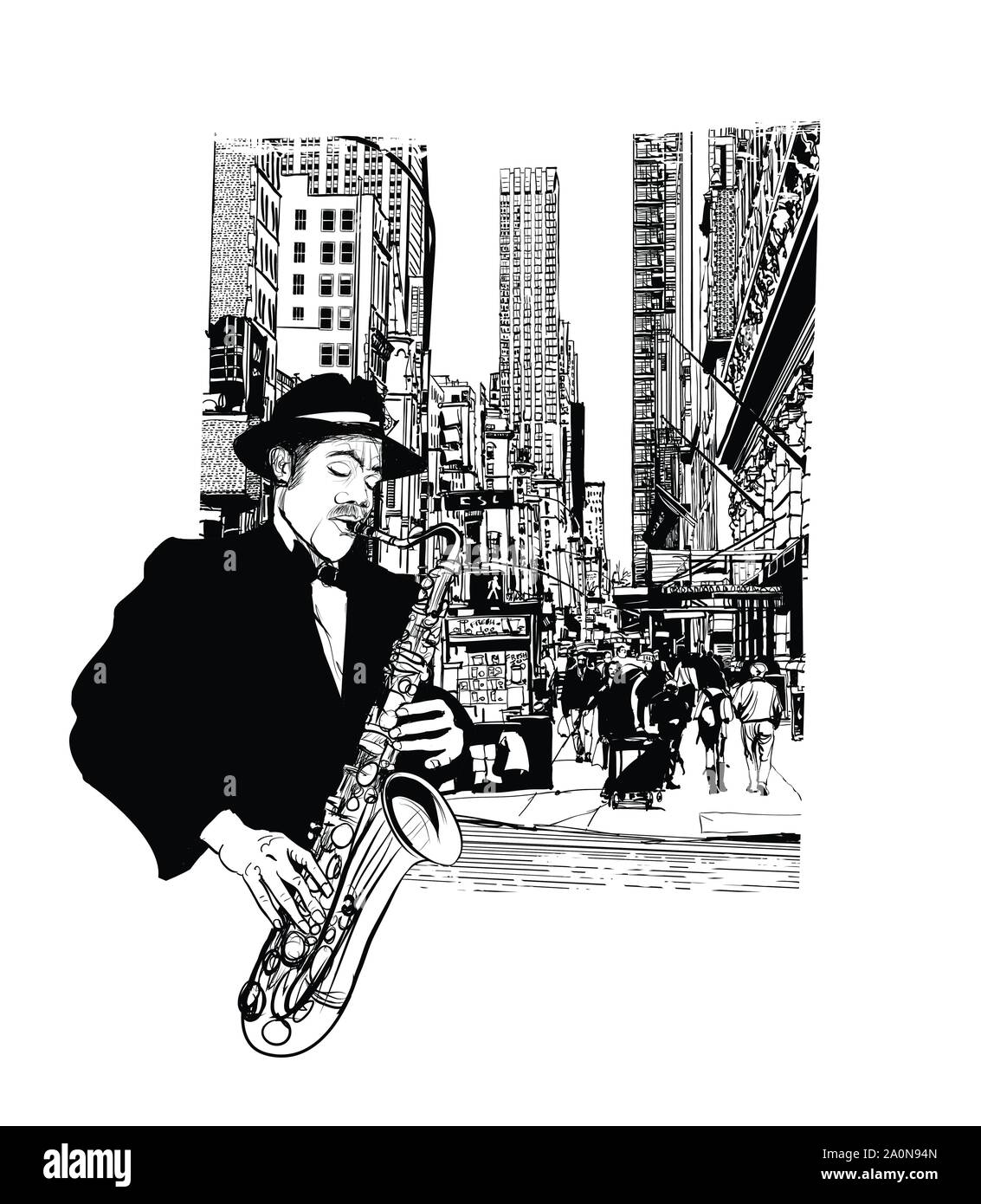 Il sassofonista jazz di New York - illustrazione vettoriale (ideale per la stampa su tessuto o carta, poster o di sfondo, la decorazione della casa) Illustrazione Vettoriale