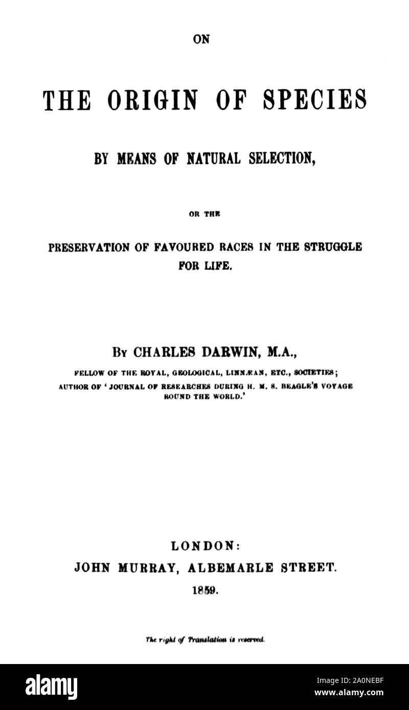 La pagina del titolo del 1859 prima edizione del naturalista inglese Charles Darwin del famoso libro "sull'origine delle specie". Foto Stock