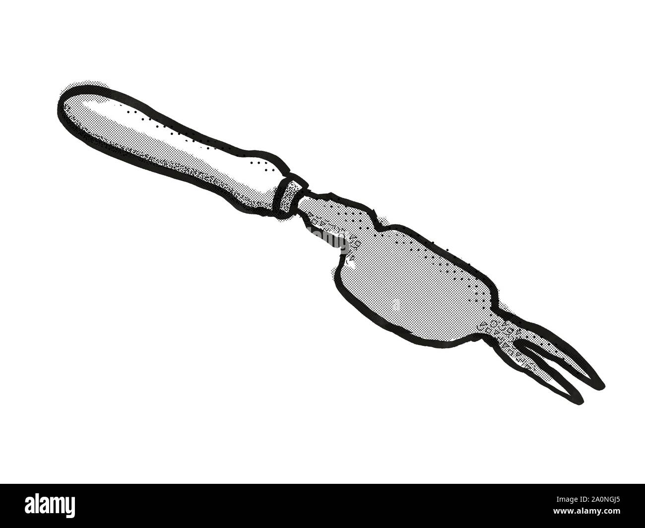 Rétro in stile cartoon di disegno di un infestante Popper o mano weeder , un giardino o un utensile da giardinaggio attrezzature isolato su sfondo bianco fatto in nero e di Pentecoste Foto Stock