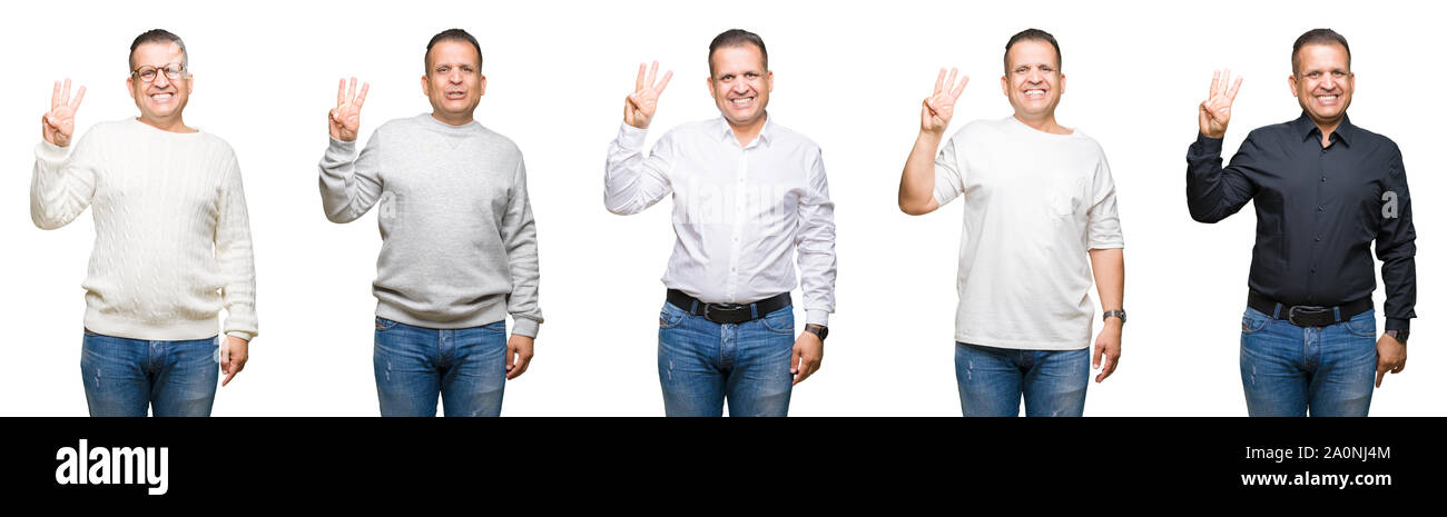 Composizione di Arab media età uomo isolato su sfondo mostrante e rivolta verso l'alto con le dita in numero tre mentre sorridente fiducioso e contento. Foto Stock