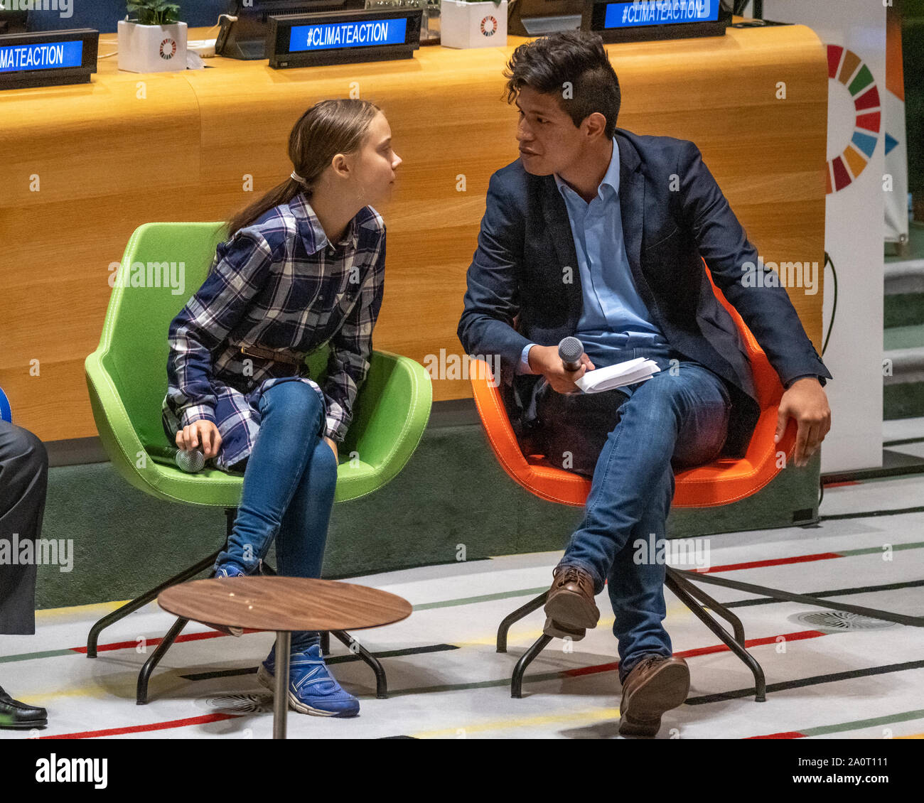New York, Stati Uniti d'America, 21 settembre 2019. giovani attivisti ambientali Greta Thunberg di Svezia e Bruno Rodriguez di Argentina a parlare all'inizio della gioventù vertice sul clima che si terrà a U.N. La sede centrale di New York City. Credito: Enrique Shore/Alamy Live News Foto Stock