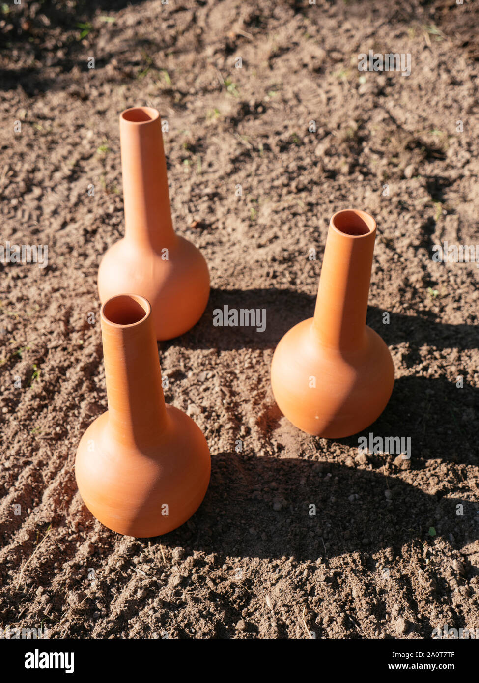 Olla pentole in un giardino come sistema di irrigazione in stagioni asciutte Foto Stock