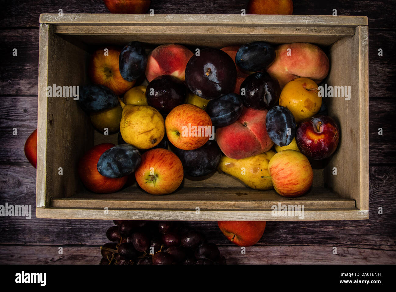 Cassetta di frutta in scatola con un assortimento di carni di colture e di produzione Foto Stock