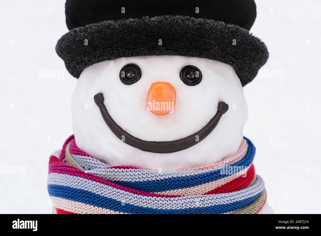 Ritratto di un sorridente pupazzo di neve con una sciarpa a righe e un cappello nero. Pulsante occhi e naso di carota Foto Stock