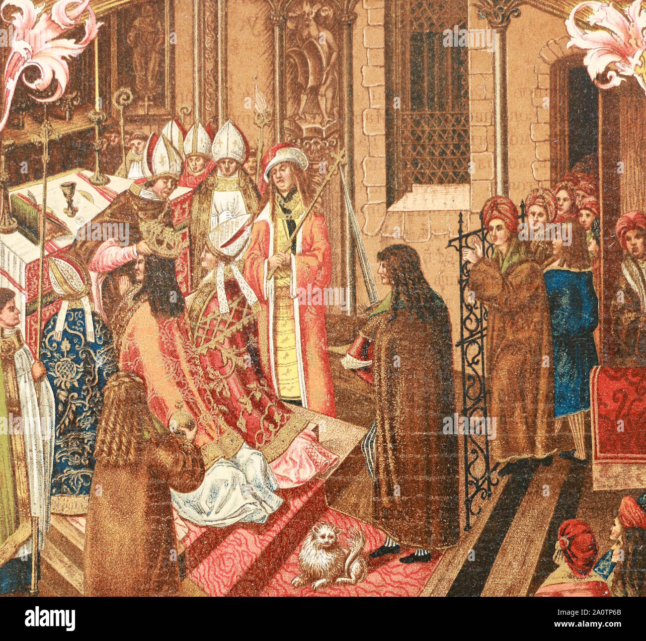 Incoronazione del Re di Polonia Alessandro I a Cracovia nel 1501. Miniatura medievale. Foto Stock