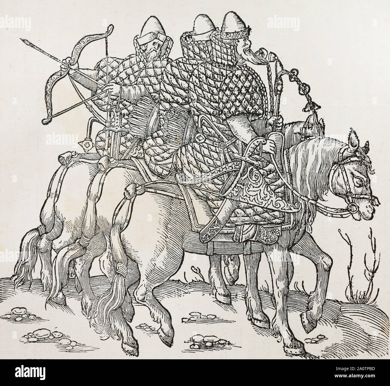 L'armamento della cavalleria russa nel Medioevo. Incisione medievale. Foto Stock