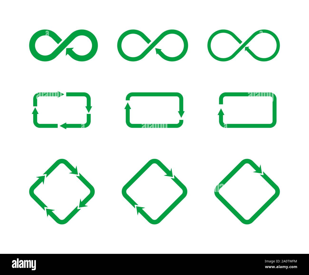 Set di icone differenti che rappresentano il riciclaggio e la circolazione. Simbolo di riciclaggio segno set. Loop infinito icona. Rombo con le frecce. Rettangolo con frecce Illustrazione Vettoriale