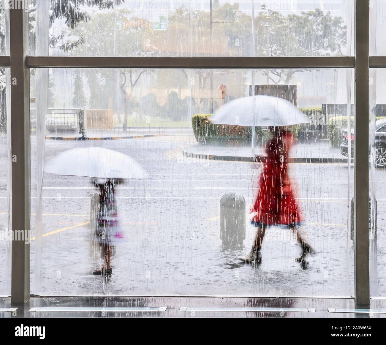 Un tropicale monsone di pioggia in Singapore osservata attraverso una finestra striate con acqua, come una madre e figlia a piedi fuori con abbinamento di ombrelloni bianchi. Foto Stock